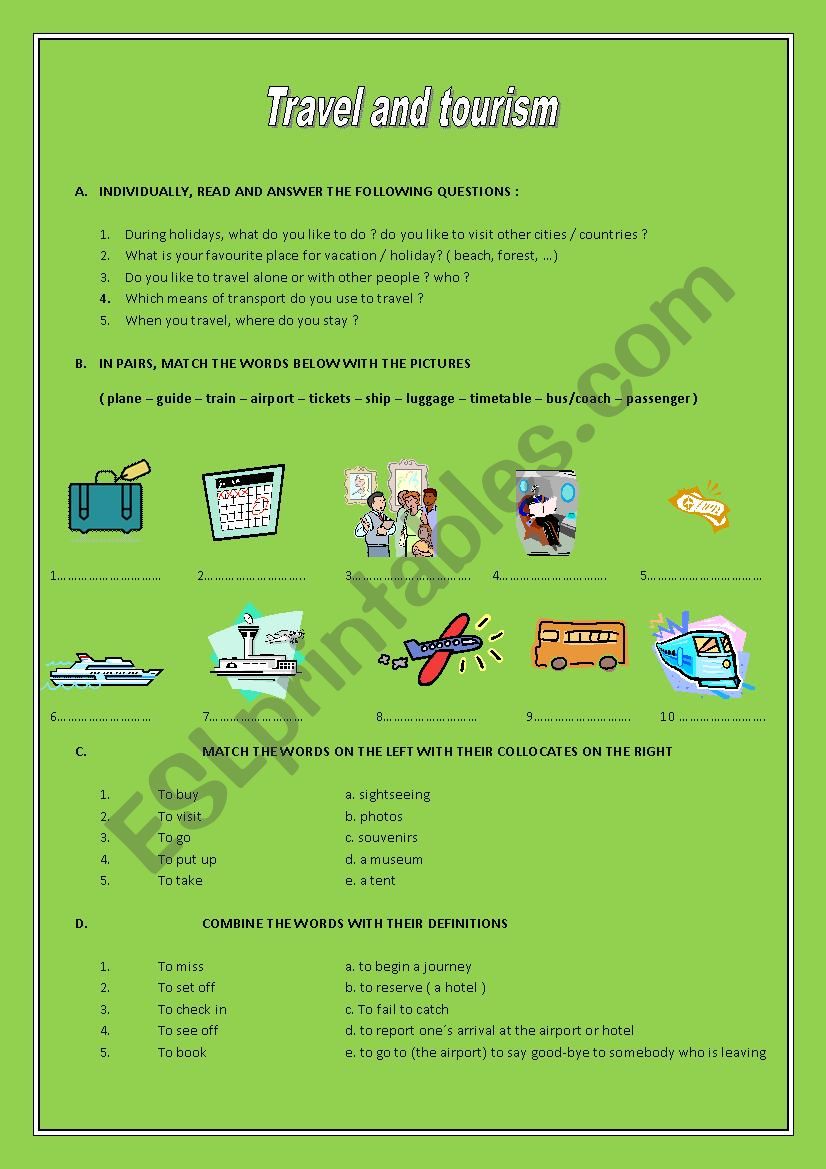 travel and tourism worksheet