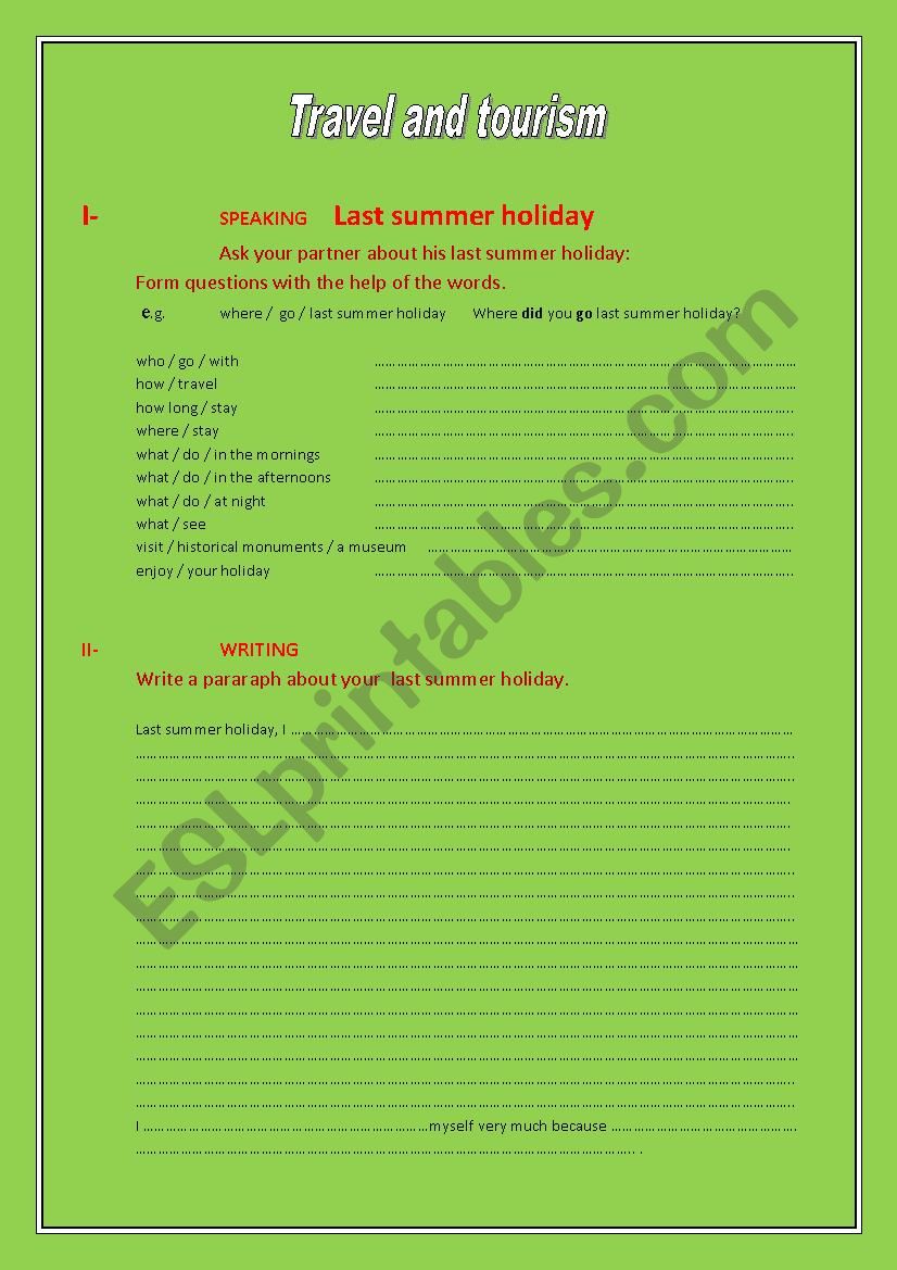 travel and tourism worksheet