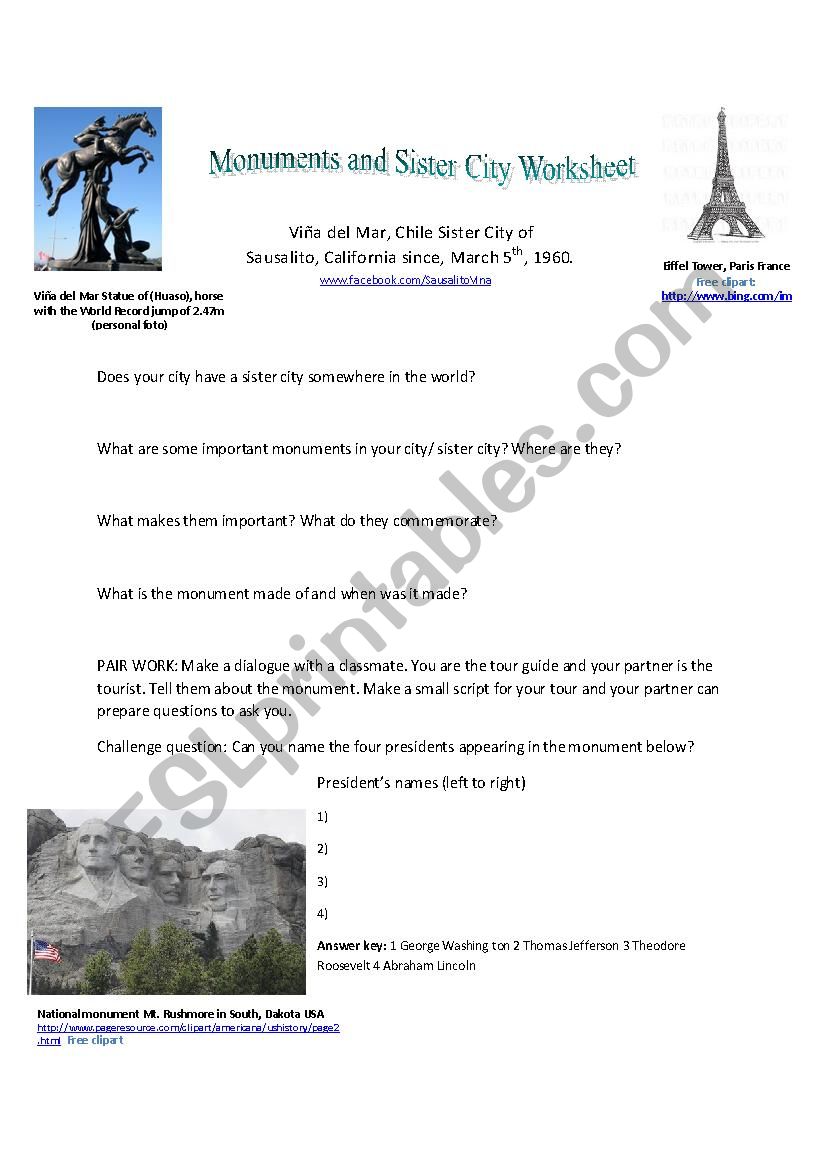 Monuments and sister cities worksheet for Tourism