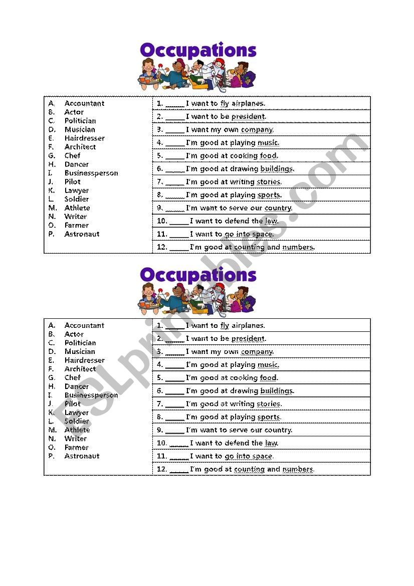 Occupations worksheet