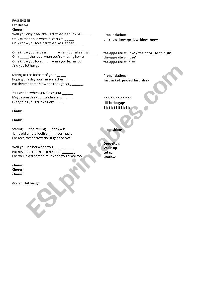 Passenger - Let Her Go worksheet