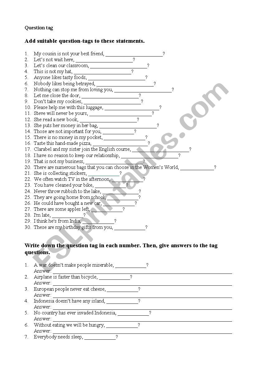 tag question worksheet