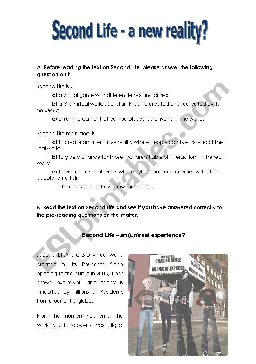 Second Life - a new reality? worksheet