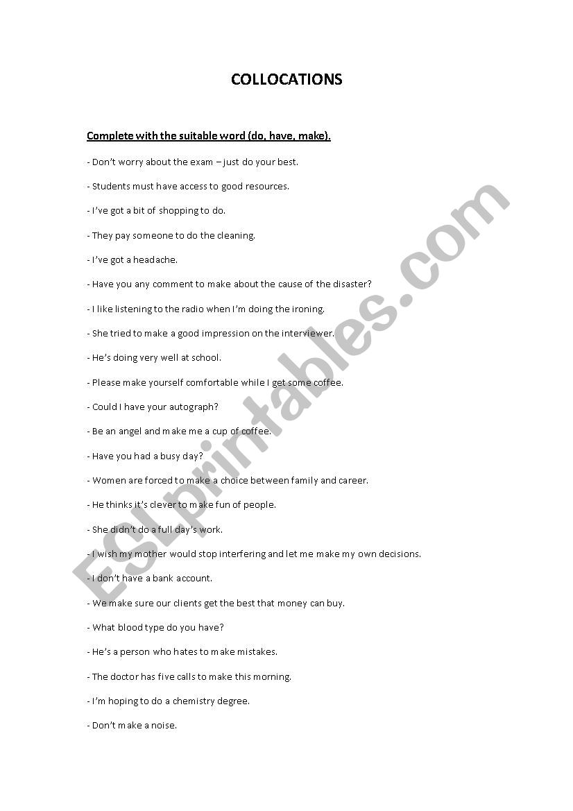 Collocations (Key) worksheet