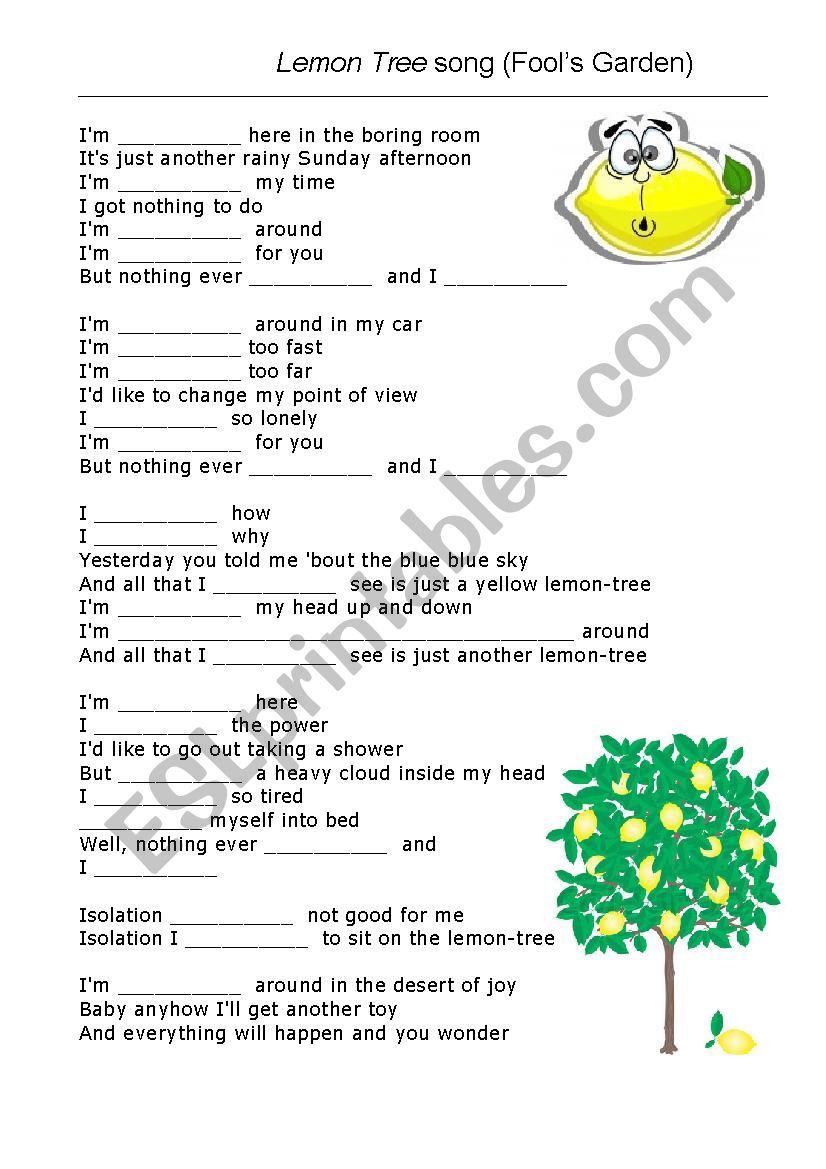 Lemon tree song gap fill worksheet