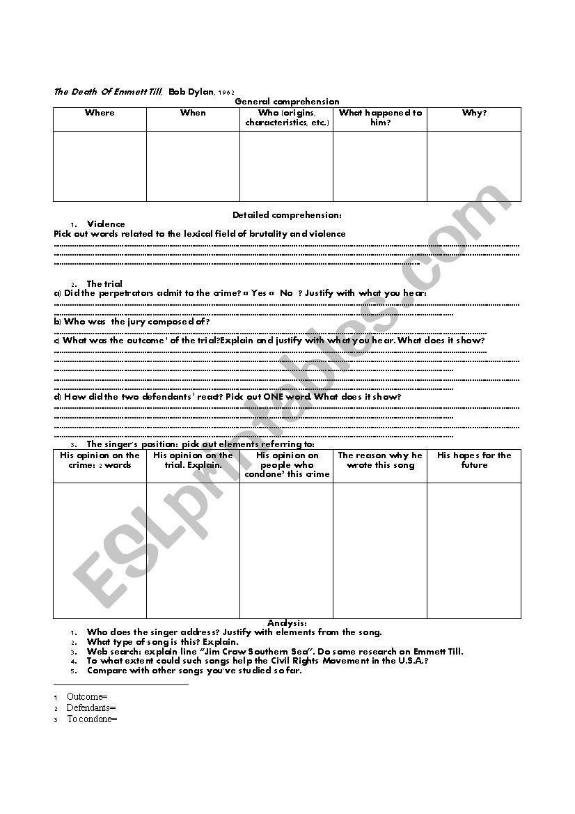 The Death of Emmett Till Bob Dylan Worksheet