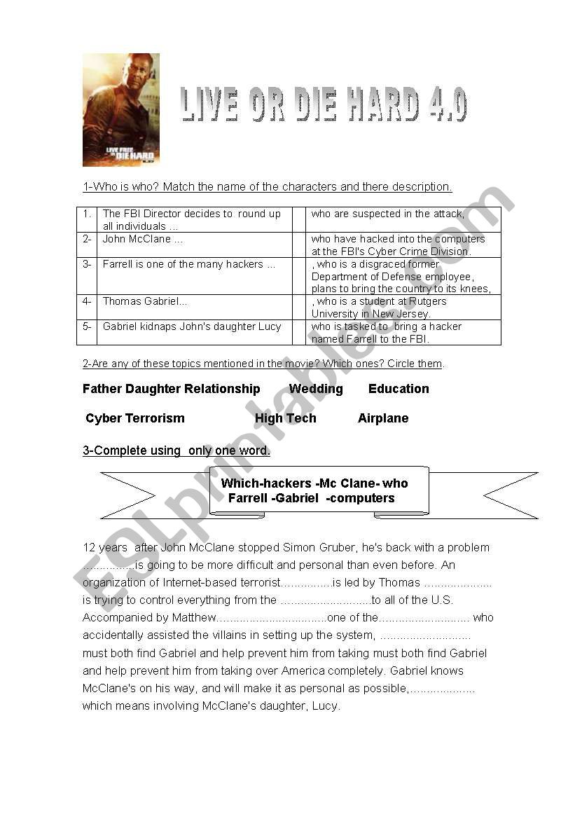 Live or Die Hard-action movie worksheet