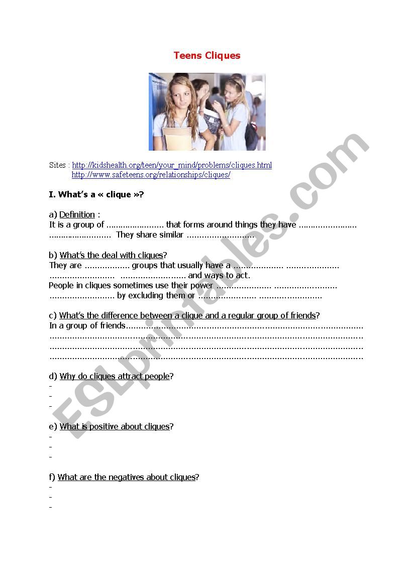 Teens Cliques Webquest worksheet