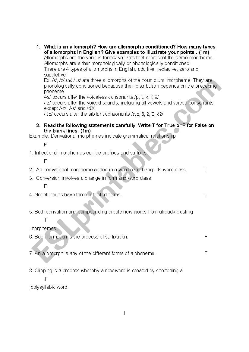 morphology test with key worksheet