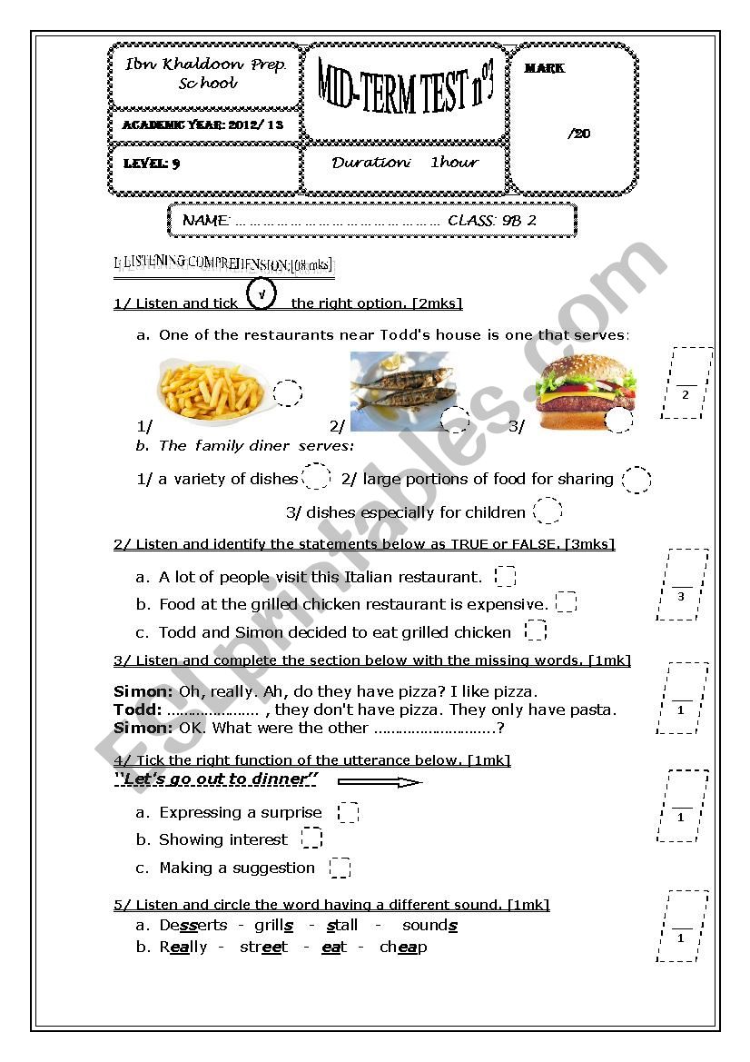 Mid- term test 3   9th form Tunisian sts