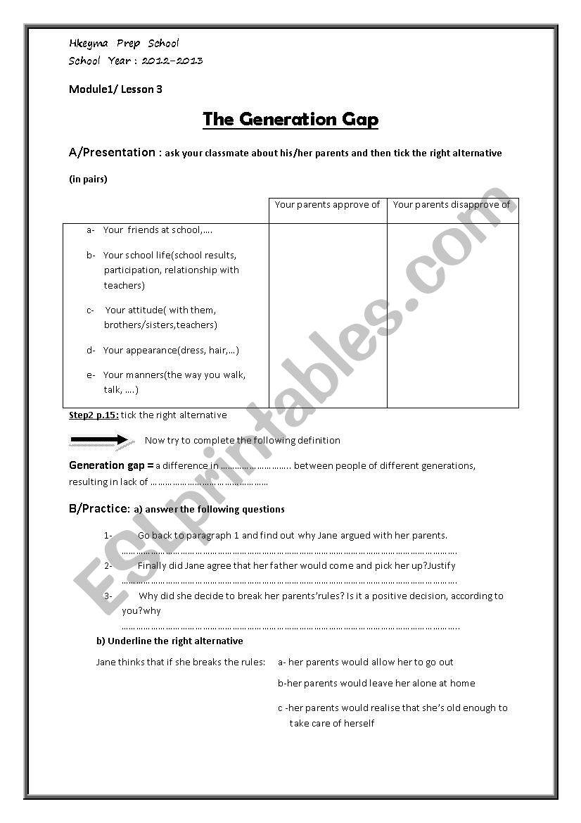 generation gap worksheet