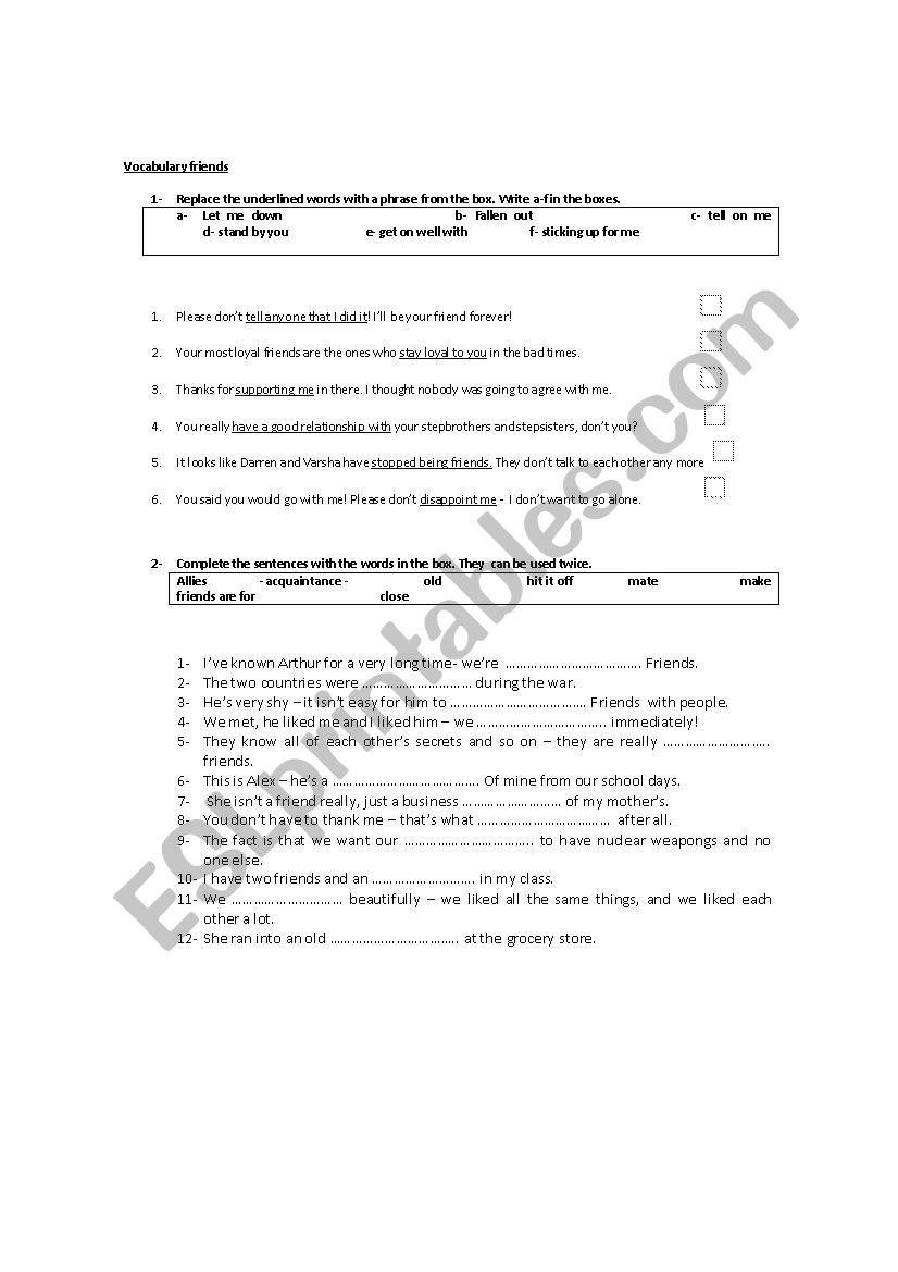 Vocabulary friends worksheet