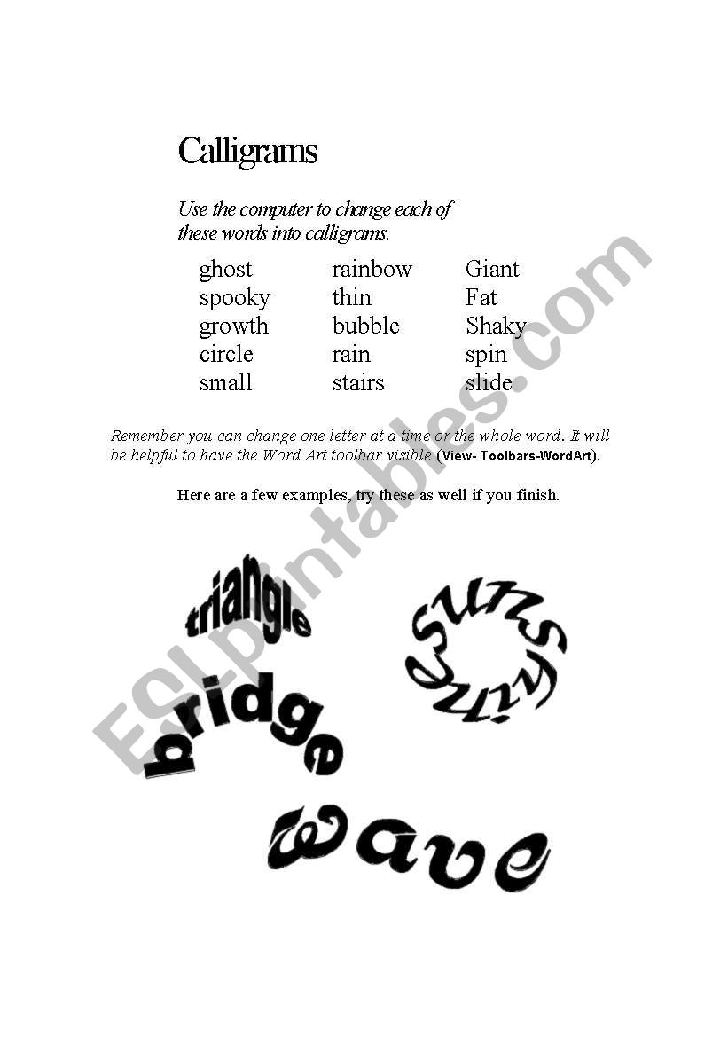 Calligrams - Shape Words worksheet
