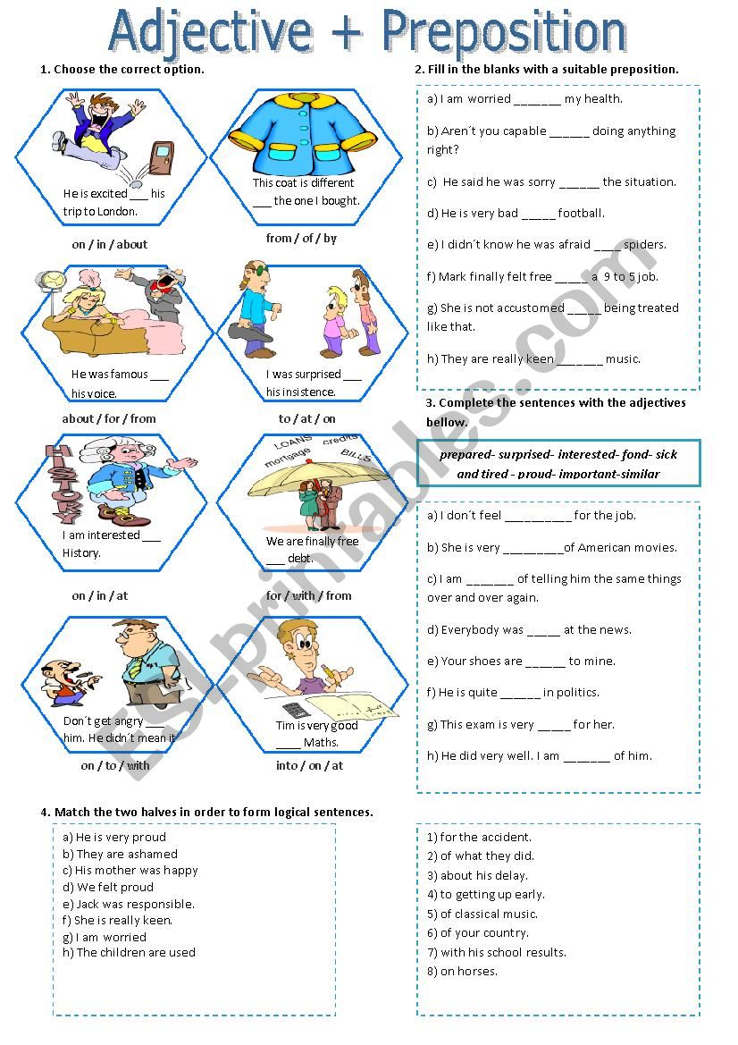 prepositions +adjectives worksheet