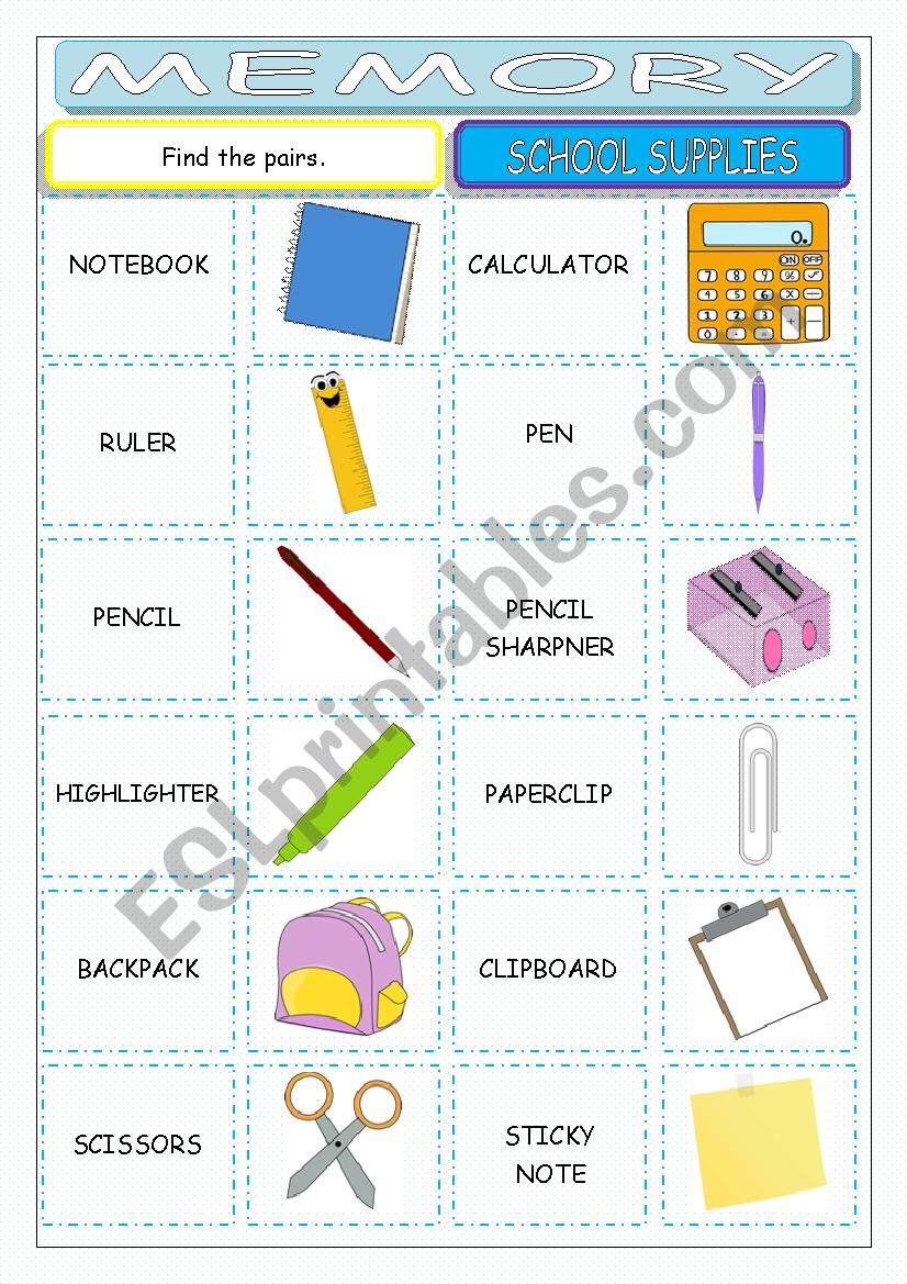 School Supplies Memory worksheet
