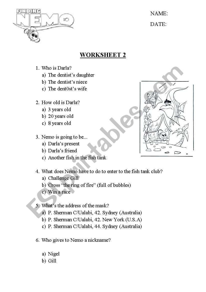 Finding Nemo questions worksheet