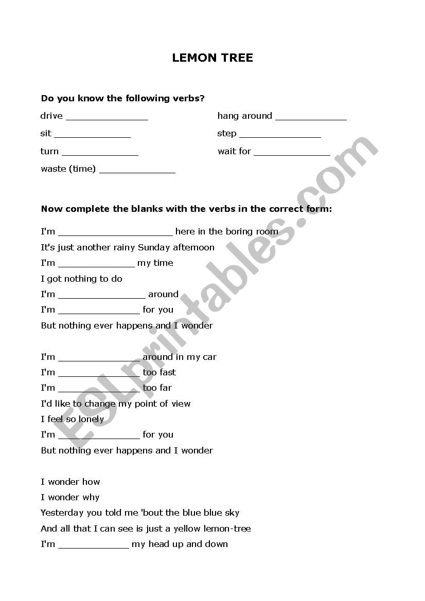 Song - Lemon tree worksheet