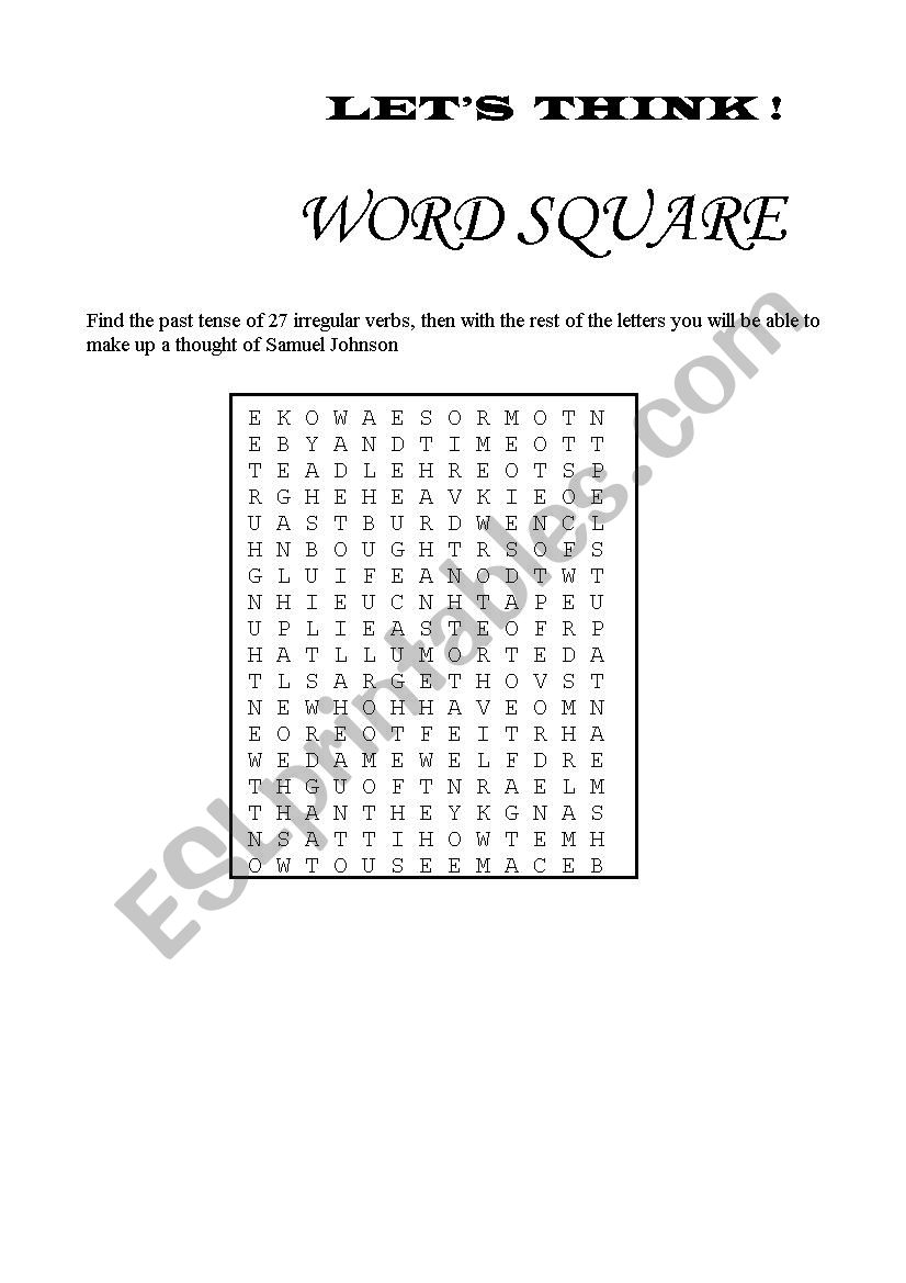 Irregular verbs wordsquare worksheet