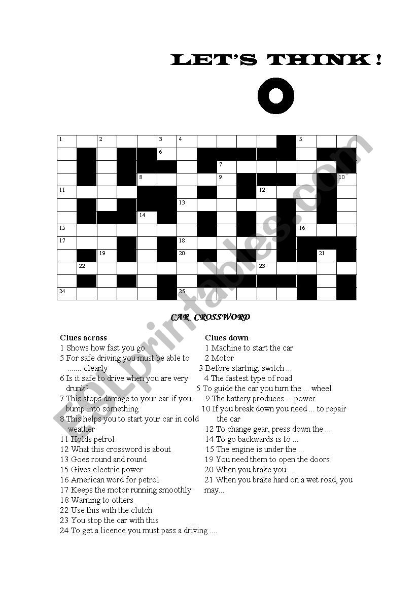 Cars crossword worksheet