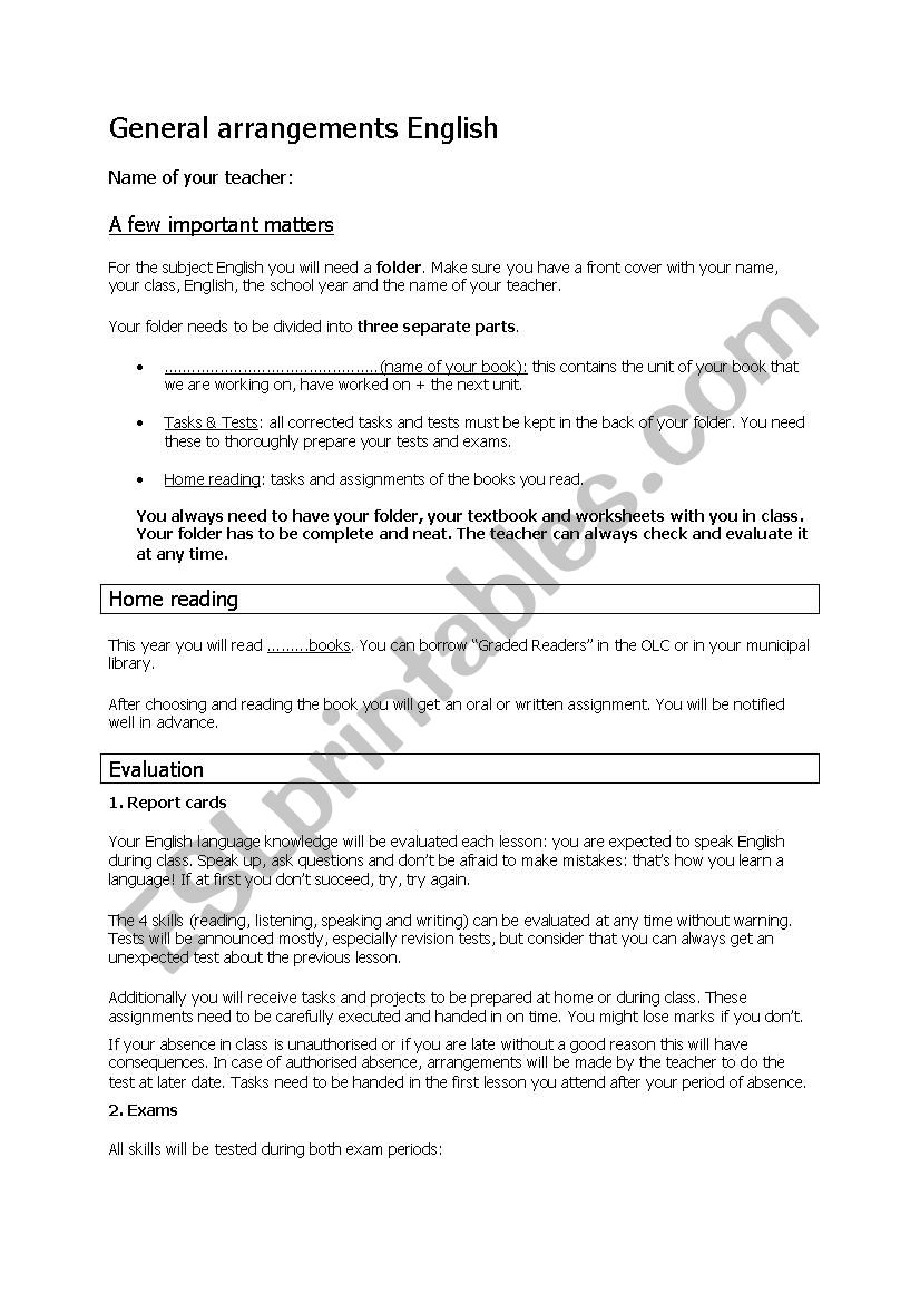 General Agreements at the start of an academic year