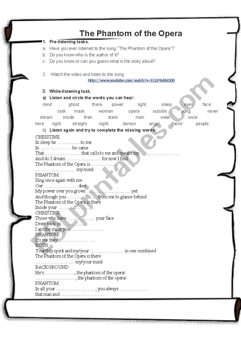 The Phantom of the Opera worksheet