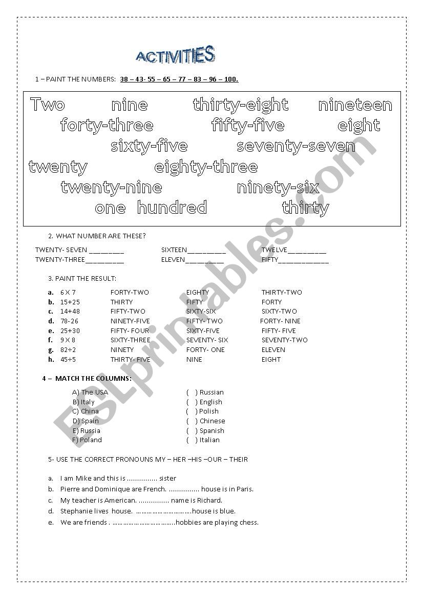 HOMEWORK ACTIVITIES  worksheet