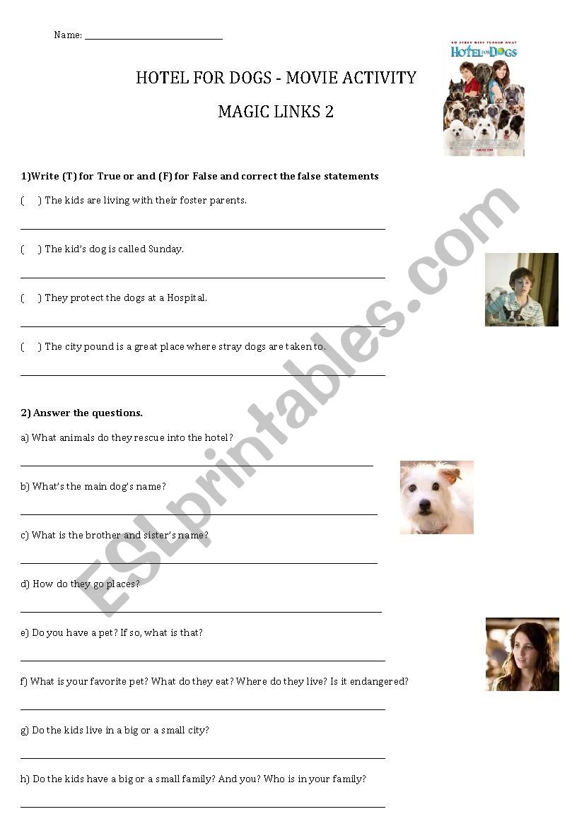 Hotel for dogs worksheet