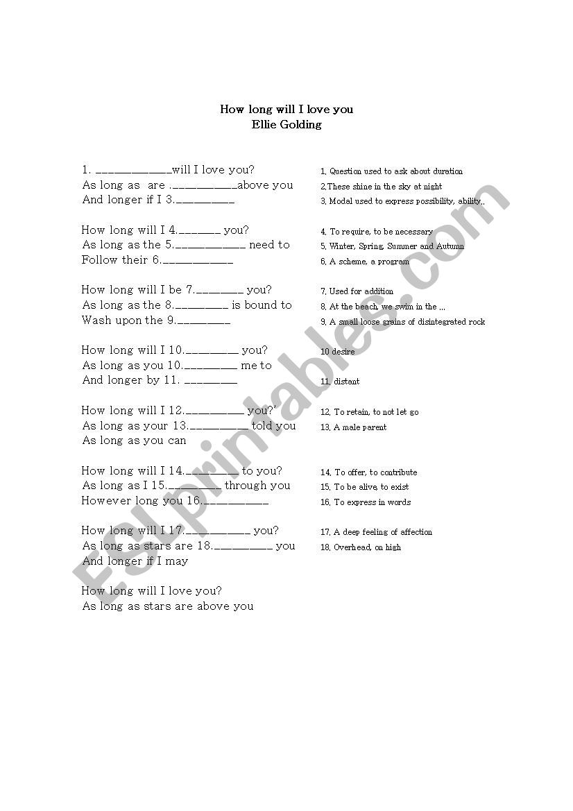 How long will I love you worksheet