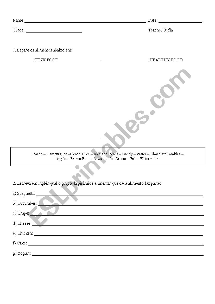 FOODS worksheet