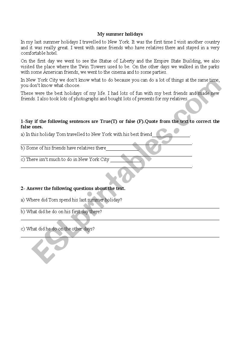 my summer holiday worksheet