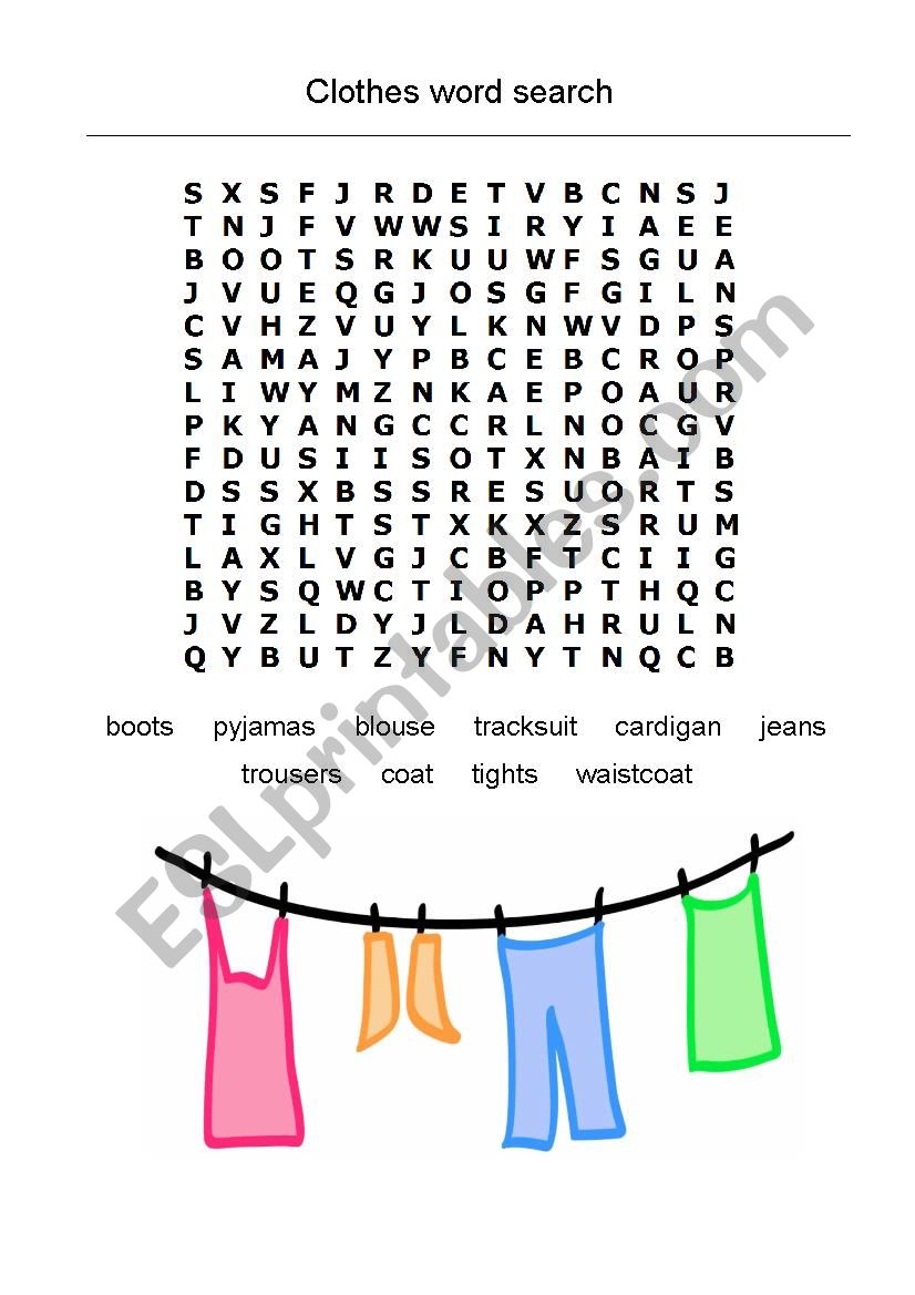 Clothes word search worksheet