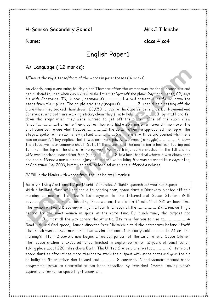 test 1 4th form worksheet