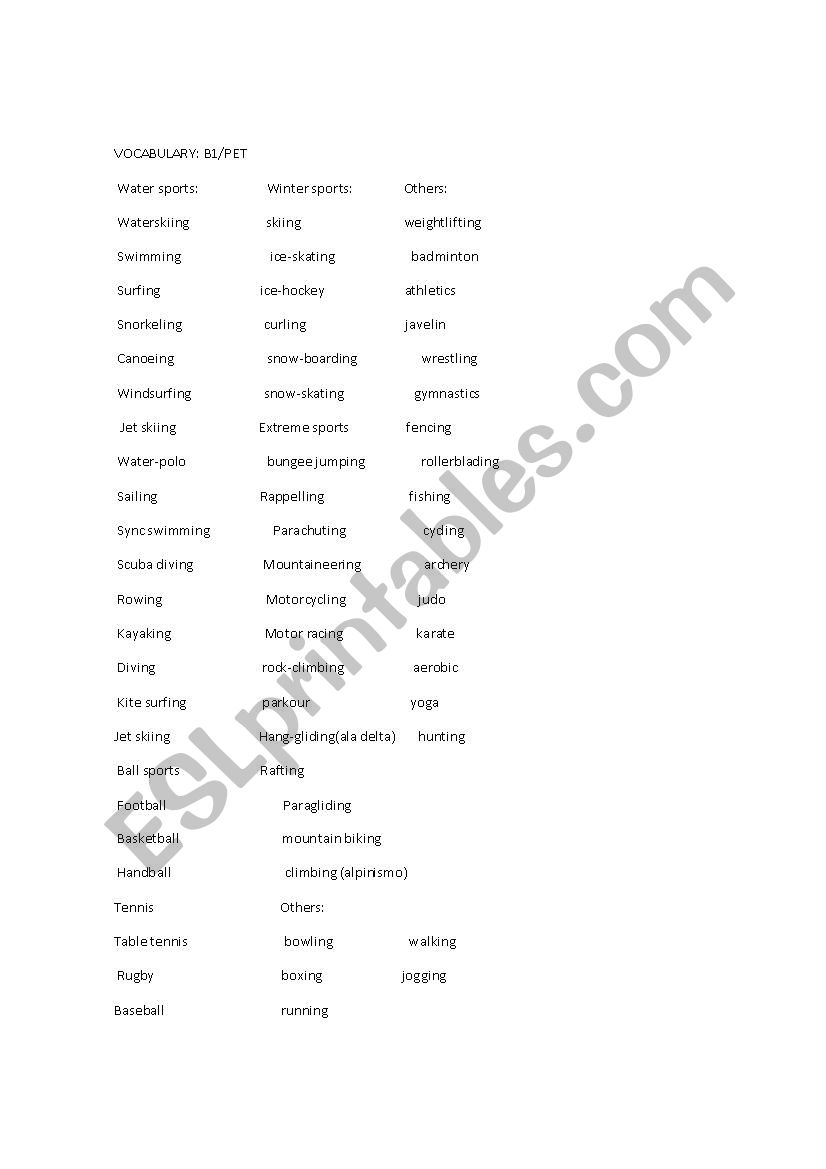 vocabulary sports B1 worksheet