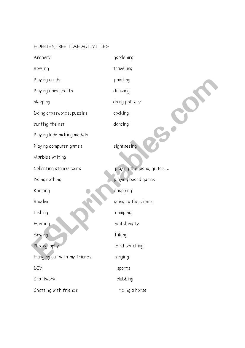 hoobies vocabulary B1 worksheet