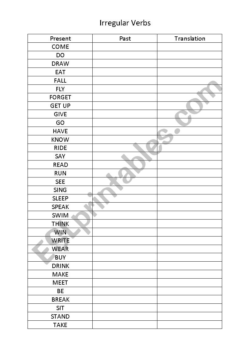 Irregular Verbs worksheet