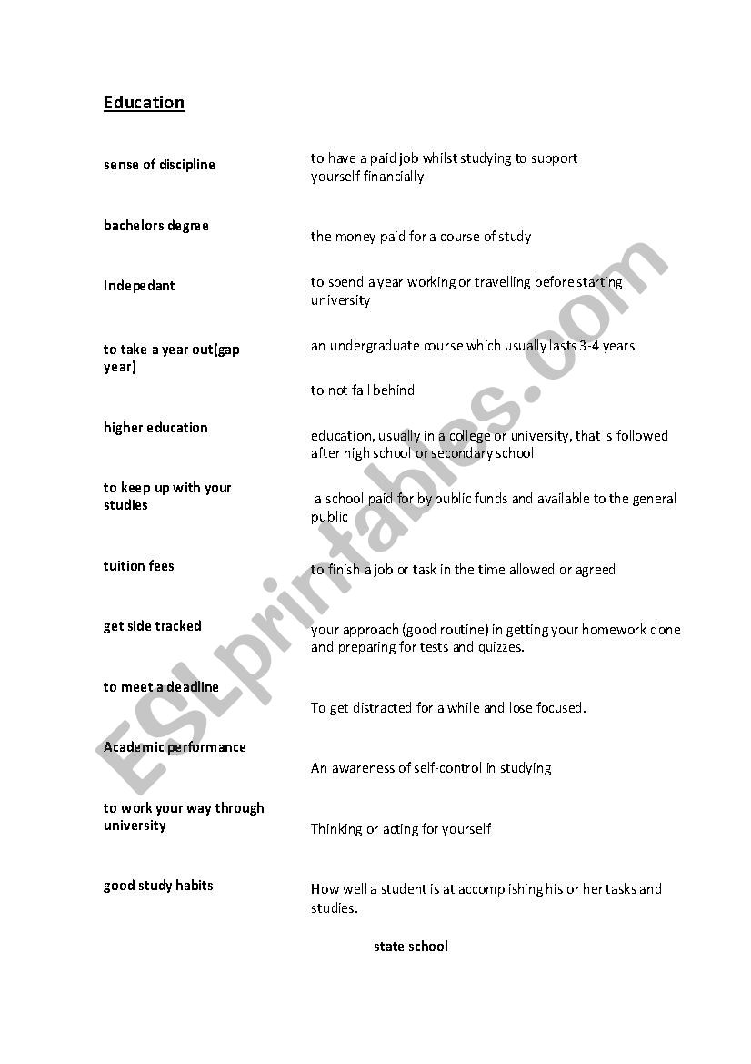 Education matching word definition exercise