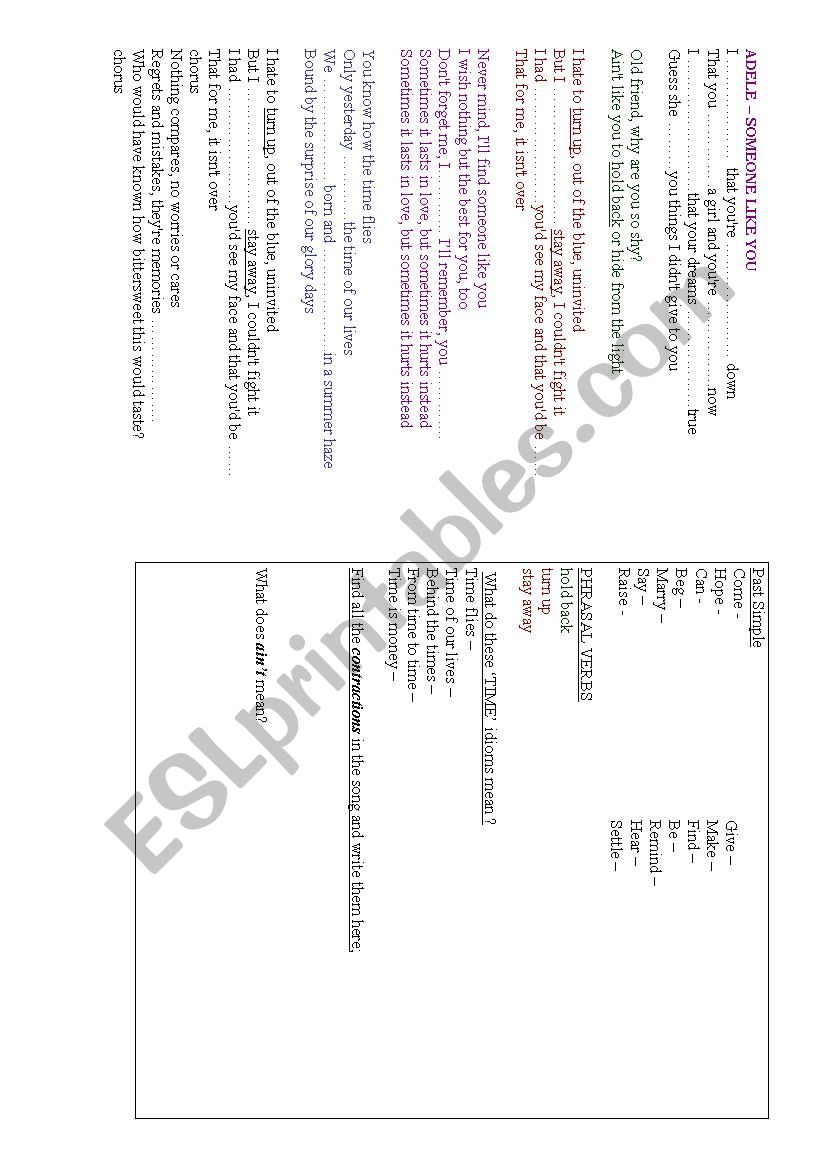 Adele -  Someone Like You worksheet