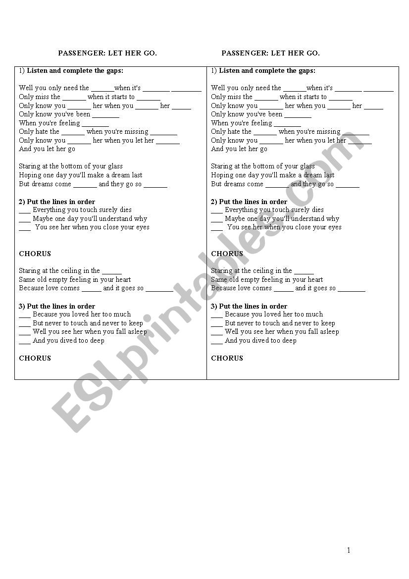 Song: Let her go by Passenger worksheet