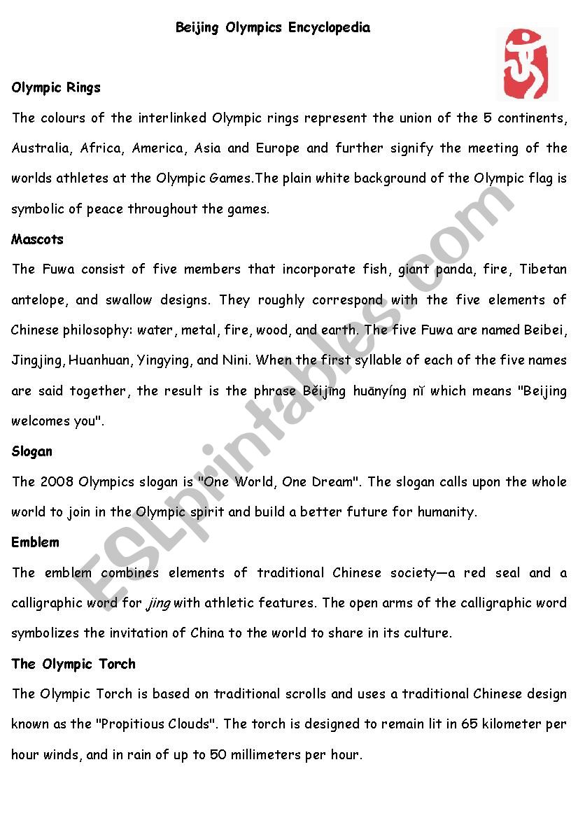 Beijing Olympic Encylopedia worksheet