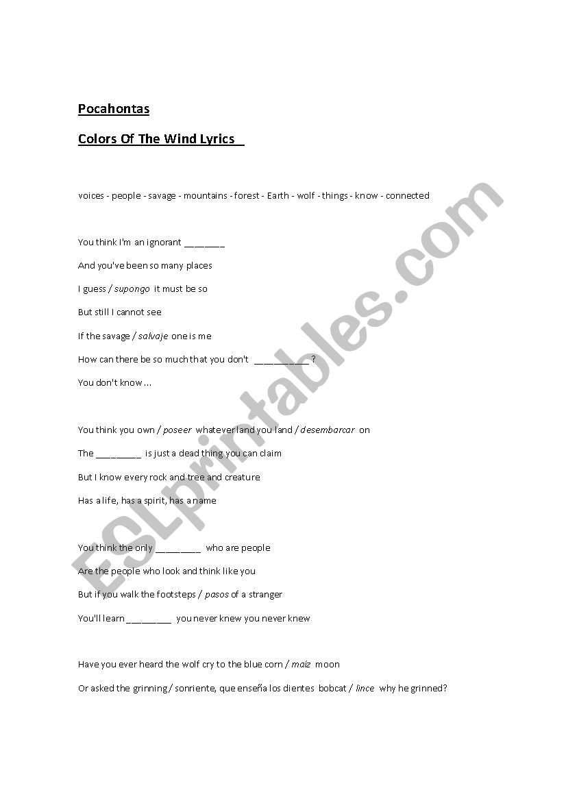 Colors of the wind worksheet