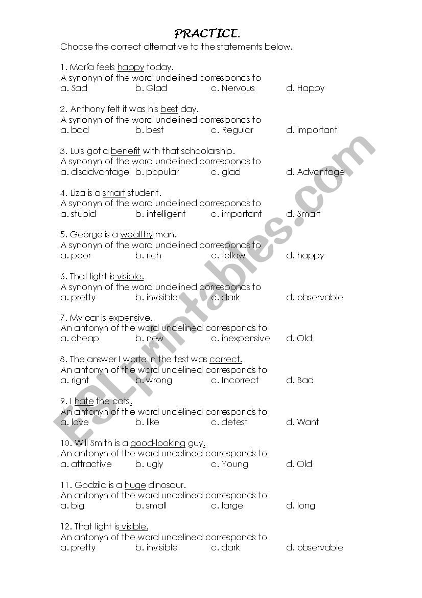 synonym antonym practice  worksheet