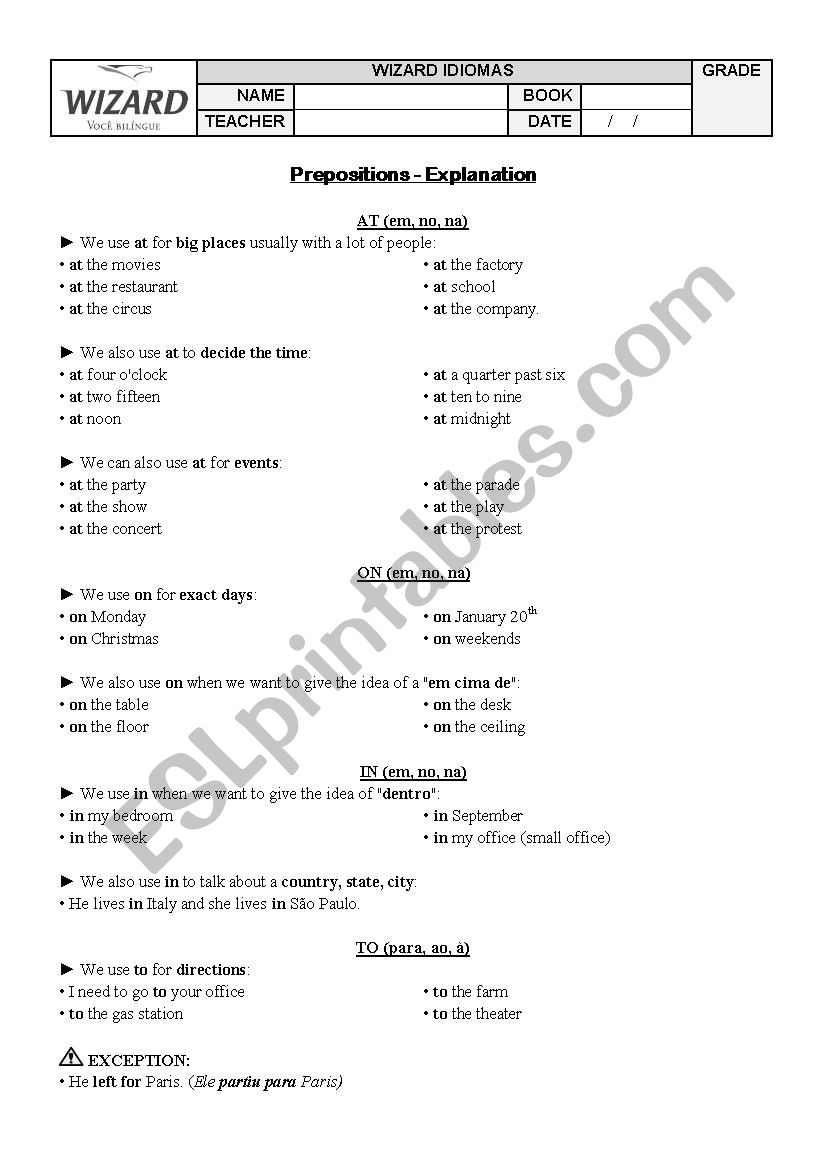 Prepositions Activiy worksheet