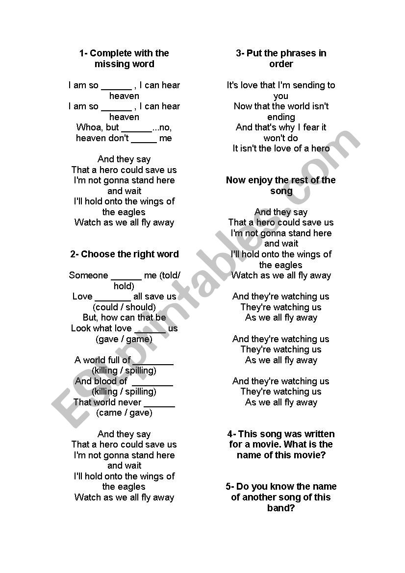 Metallica worksheet