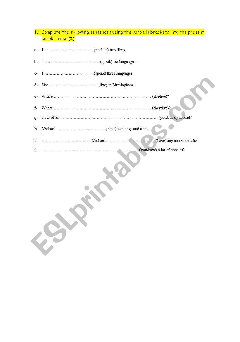 simple present tenses worksheet