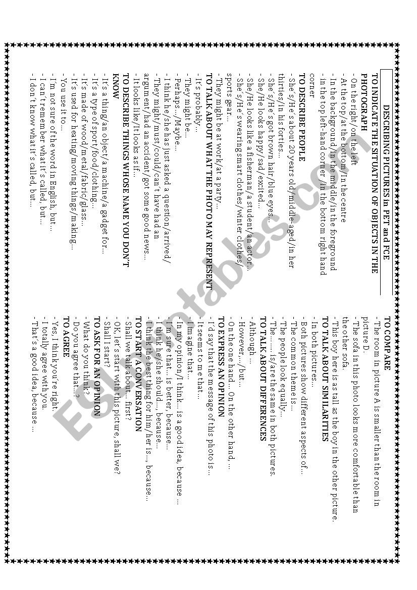 PET and FCE speaking tips worksheet