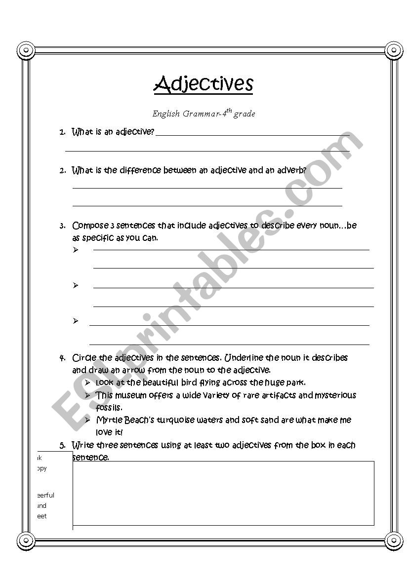 Adjective Worksheet-4th grade worksheet