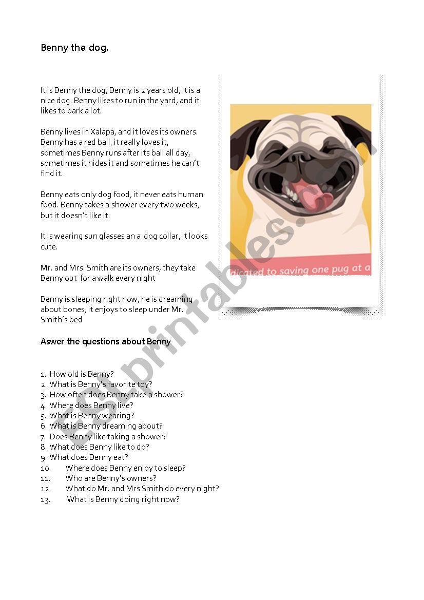 BENNY THE DOG worksheet
