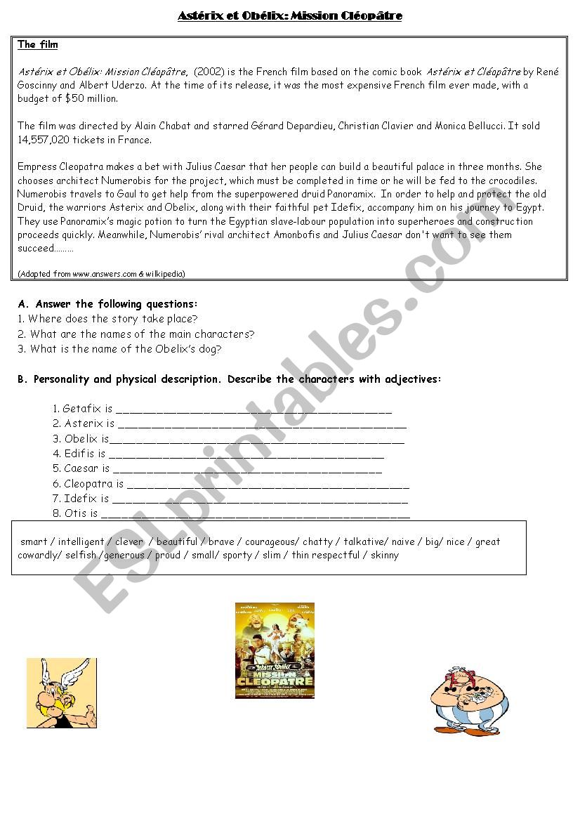 Asterix and Cleopatra cartoon worksheet