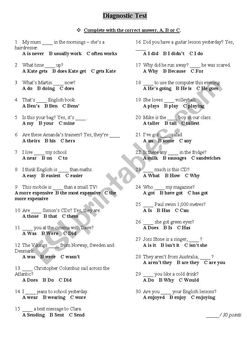 diagnostic test worksheet