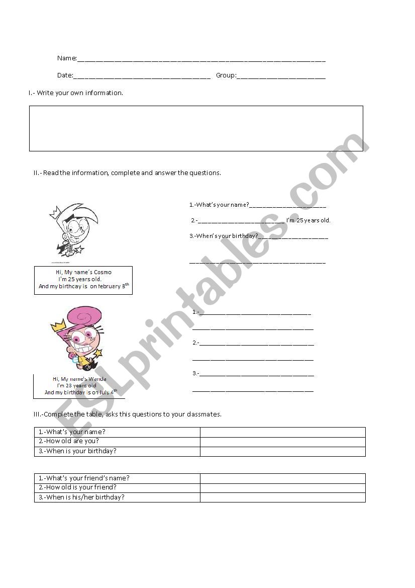 Personal information  worksheet